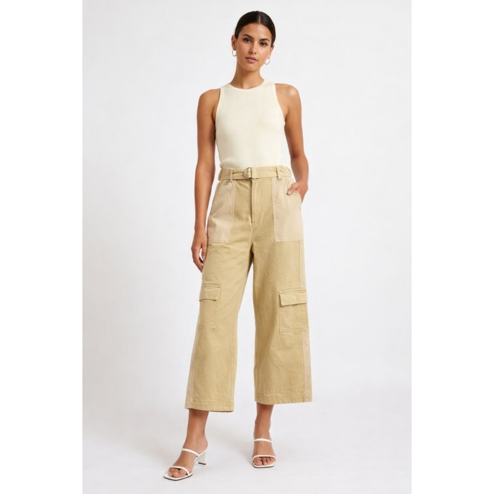 FRNCH Tan Wide-Leg Patchwork High Waist Cropped Cargo Pants Size Small